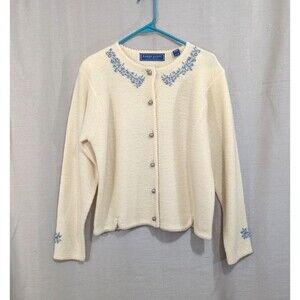 Vintage Karen Scott Womens LARGE Embroidered Wool Cardigan Sweater Button Up NWT